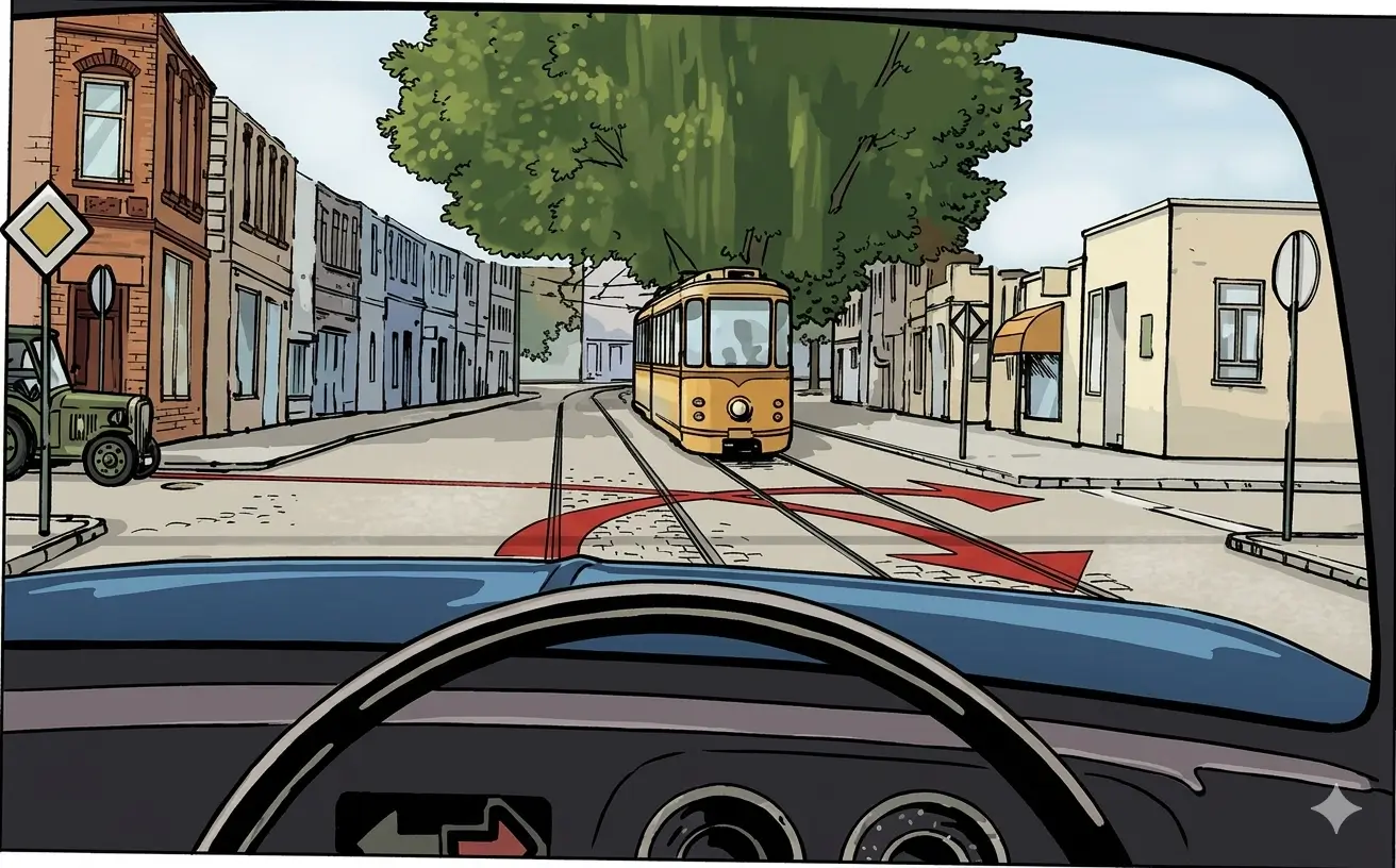 Driver's view at a junction with a tram on the left and tram tracks on the road